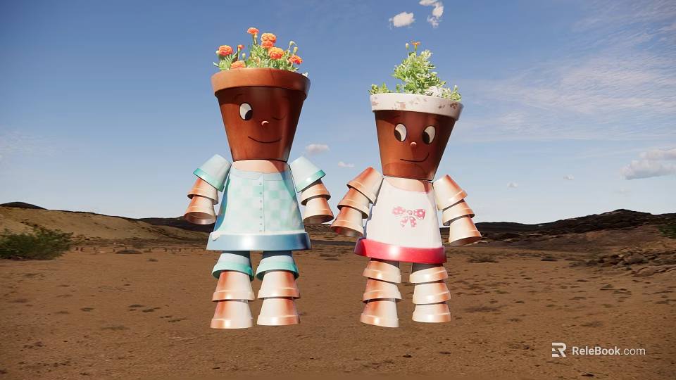 Game Movie Characters Pot Shaped With Smiling Faces Colorful Clothing And Plants On Head 3d model 