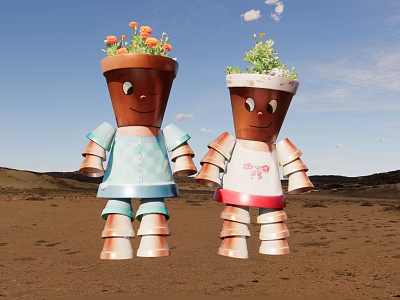 Game Movie Characters Pot Shaped With Smiling Faces Colorful Clothing And Plants On Head 3d model