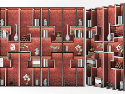 Modern Decorative Cabinet With Red Backdrop Compartments Vases Books And Ornaments 3d model