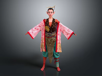 Woman In Traditional Outfit With Pink Red Sleeves Floral Patterns Waist Decoration Green Pants Barefoot 3d model