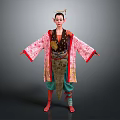 Woman In Traditional Outfit With Pink Red Sleeves Floral Patterns Waist Decoration Green Pants Barefoot