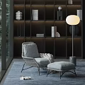 Gray Wicker Lounge Chair and Ottoman near Bookshelf Floor Lamp by Window in Modern Interior