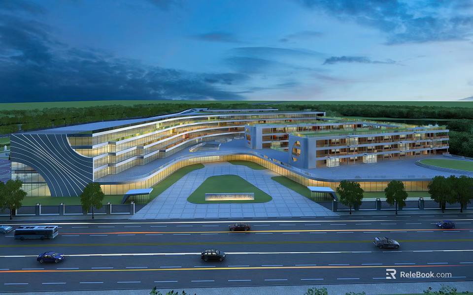 Modern School Building at Twilight with Spacious Square Green Plants and Road 3d model 
