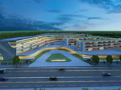 Modern School Building at Twilight with Spacious Square Green Plants and Road 3d model