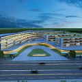 Modern School Building at Twilight with Spacious Square Green Plants and Road