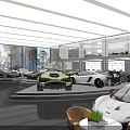 Car Dealership Interior With Luxury Sports Cars Display Wall And Lounge Area