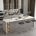 Modern Kitchen Bar Area With Marble Countertop Black Stools And Fruit 3d model