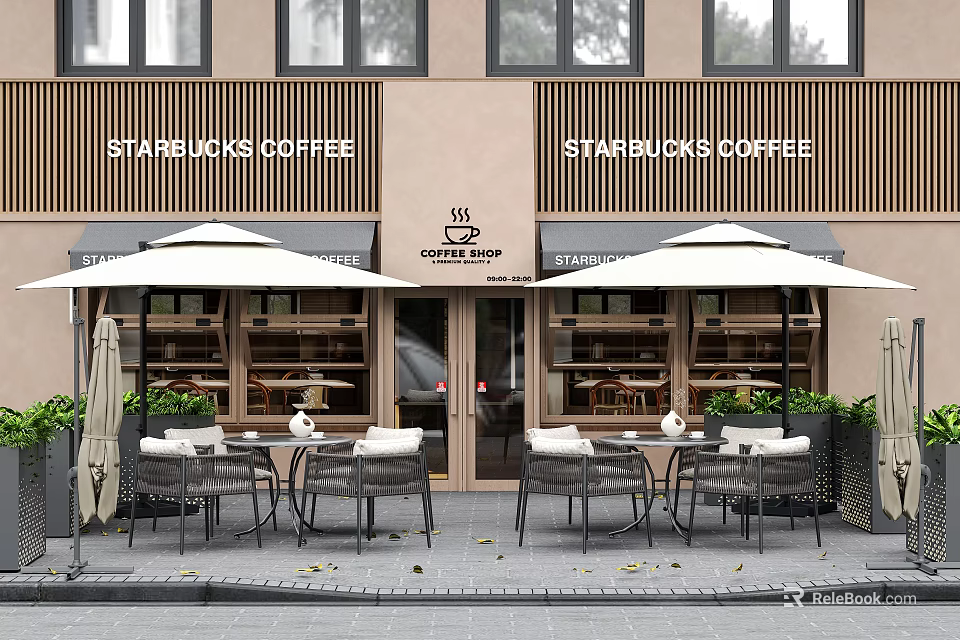 Starbucks Coffee Shop Outdoor Seating With Outdoor Tables And Chairs Umbrellas And Green Plants 3d model 