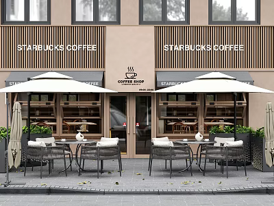 Starbucks Coffee Shop Outdoor Seating With Outdoor Tables And Chairs Umbrellas And Green Plants 3d model