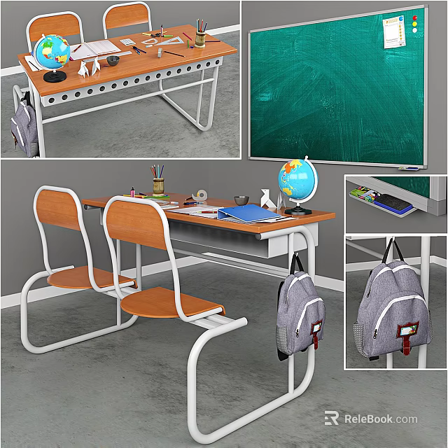Modern Conference Table With Two Chairs Globe Pencils Notebook And Backpack Near Green Chalkboard 3d model 