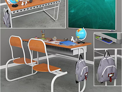 Modern Conference Table With Two Chairs Globe Pencils Notebook And Backpack Near Green Chalkboard 3d model