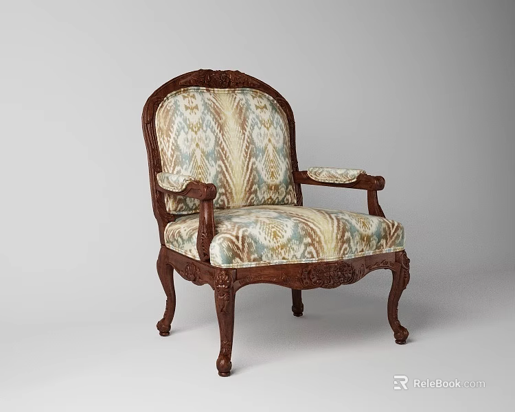 Classical Carved Wooden Armchair With Patterned Fabric Upholstery And Ornate Legs 3d model 