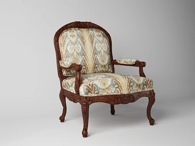 Classical Carved Wooden Armchair With Patterned Fabric Upholstery And Ornate Legs 3d model