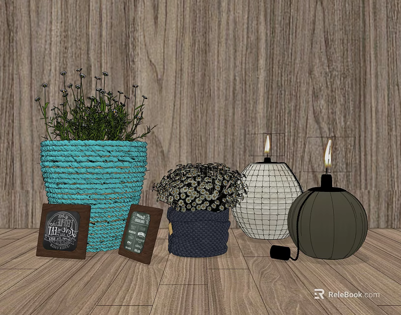 Decorative Potted Plants with Braided Basket Navy Pot on Wooden Floor and Photo Frames 3d model 