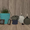 Decorative Potted Plants with Braided Basket Navy Pot on Wooden Floor and Photo Frames