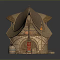 Boat Shaped Architectural Structure With Curved Woven Roof Supporting Wheels And Small Ladder