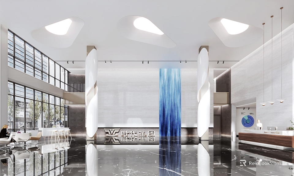 Modern Service Hall Interior Design With Spacious Space Marble Floor And Blue Decorative Wall 3d model 