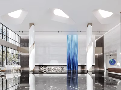 Modern Service Hall Interior Design With Spacious Space Marble Floor And Blue Decorative Wall 3d model