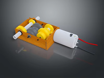Mechanical Gear System With Wooden Frame Yellow Gray Gears White Motor And Wires 3d model
