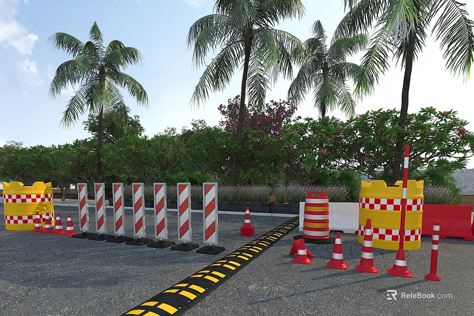 Road Facilities With Traffic Cones Red White Striped And Yellow Checkered Barriers Near Palm Trees 3d model 