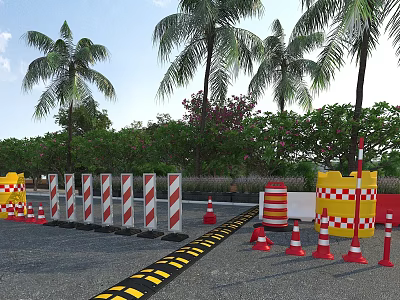 Road Facilities With Traffic Cones Red White Striped And Yellow Checkered Barriers Near Palm Trees 3d model