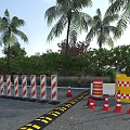 Road Facilities With Traffic Cones Red White Striped And Yellow Checkered Barriers Near Palm Trees