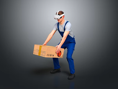 Person In Blue Overalls Wearing VR Headset Carrying Cardboard Box On Gray Background 3d model