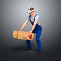Person In Blue Overalls Wearing VR Headset Carrying Cardboard Box On Gray Background