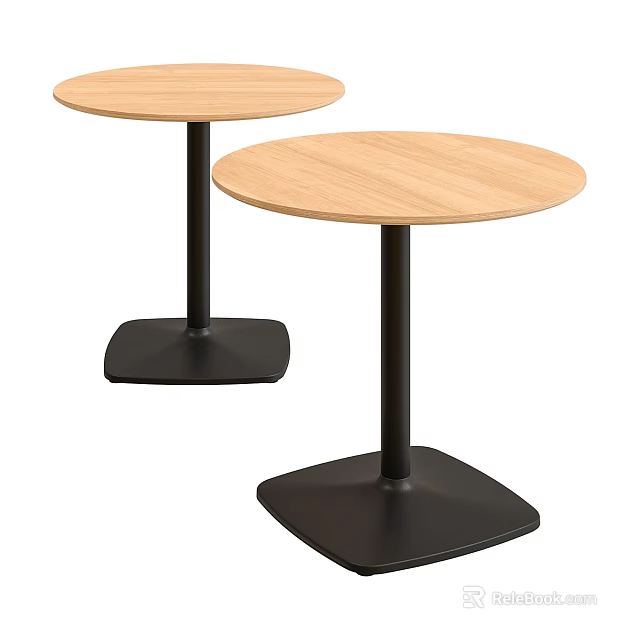 Two Round Dining Tables With Light Wooden Tabletops And Black Square Base 3d model