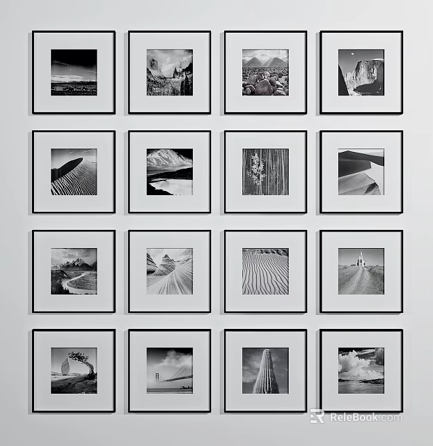 Stylish Black And White Photo Wall With Multiple Framed Pictures And Grid Arrangement 3d model 