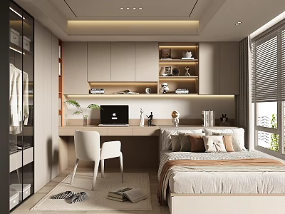 Modern Tatami Bedroom Interior With Desk Chair Bookshelf Storage Cabinets And Natural Light 3d model