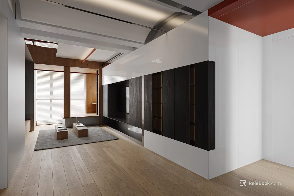 Modern Living Dining Room Interior With TV Wall Cabinets And Wooden Flooring 3d model 