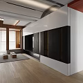 Modern Living Dining Room Interior With TV Wall Cabinets And Wooden Flooring