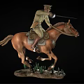 Military Soldier Riding Galloping Horse With Lance On Grass Base Statue