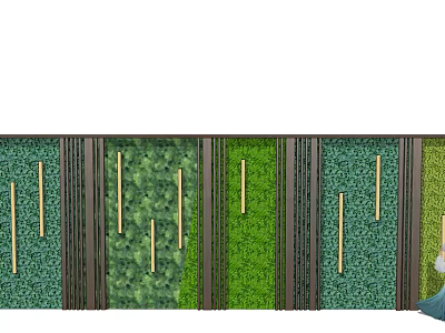Modern Green Wall Design With Vertical Wooden Strips And Lush Green Plants 3d model