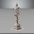 Traditional Stone Lantern with Square Base Carved Pillar and Ornate Top Structure