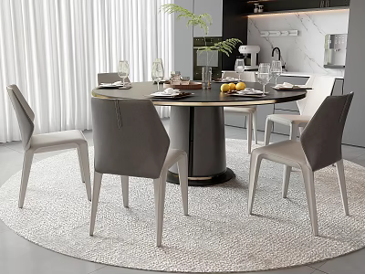 Modern Round Dining Table Set With Gray Chairs Green Plant And Tableware On Rug 3d model