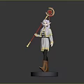 3D Character Model With White Coat Yellow Pants Brown Boots Red Staff And Blue Base