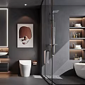 Modern Bathroom Interior With Double Vanity Backlit Mirrors Decorative Artwork Glass Shower And Freestanding Bathtub