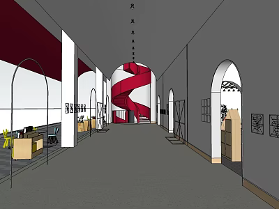 Modern Art Gallery Corridor With Red Spiral Staircase And Arched Doorways 3d model