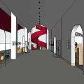 Modern Art Gallery Corridor With Red Spiral Staircase And Arched Doorways