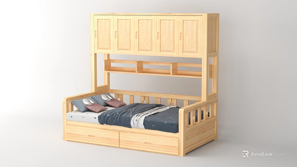 Wooden Double Bed Frame With Upper Storage Cabinets And Lower Drawers Design 3d model 