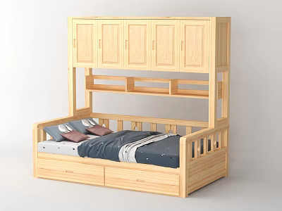 Wooden Double Bed Frame With Upper Storage Cabinets And Lower Drawers Design 3d model