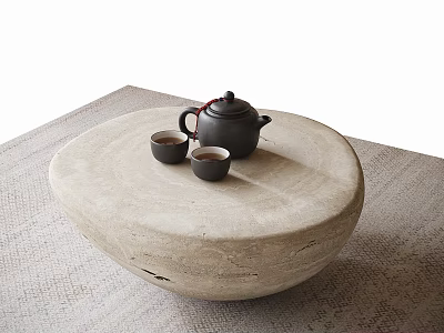 Round Stone Coffee Table With Black Teapot And Two Small Teacups On Woven Rug 3d model