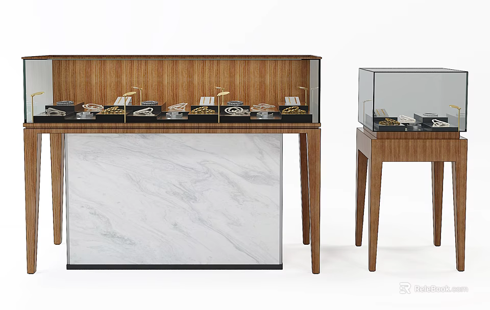 Wooden Display Shelves With Glass Cases And Marble Countertop For Items 3d model 