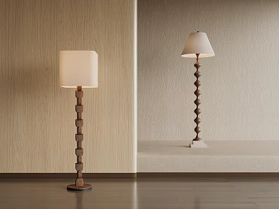 Modern Elegant Floor Lamps With Geometric Wooden Poles And White Shades 3d model