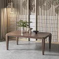 Modern Walnut Coffee Table Interior With Green Plant Vase And Wooden Screen Decor