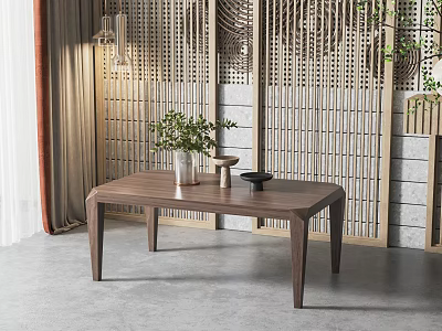 Modern Walnut Coffee Table Interior With Green Plant Vase And Wooden Screen Decor 3d model