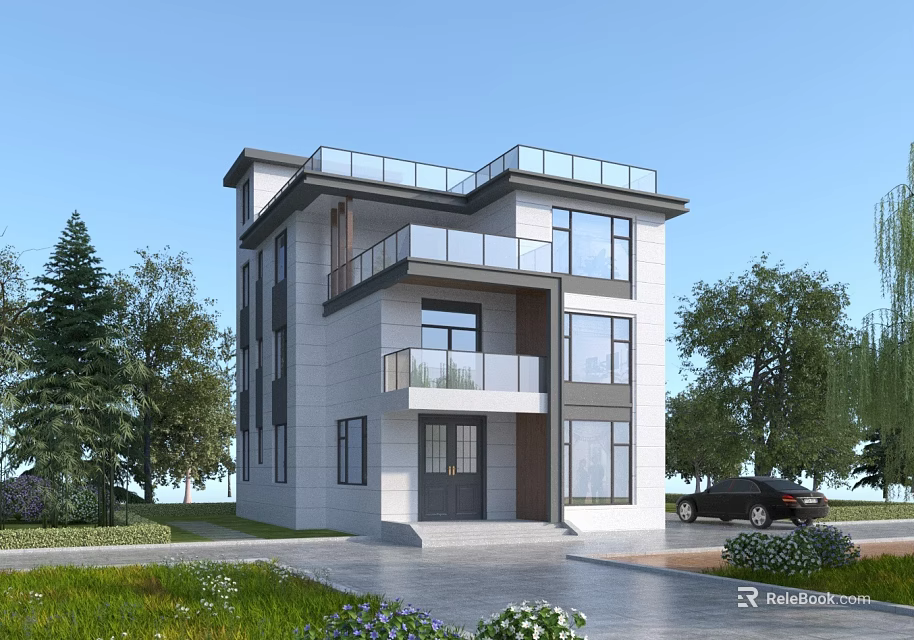 Modern Detached Villa Exterior With Large Windows Balconies Driveway Lawn And Trees 3d model 