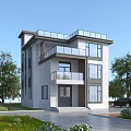Modern Detached Villa Exterior With Large Windows Balconies Driveway Lawn And Trees